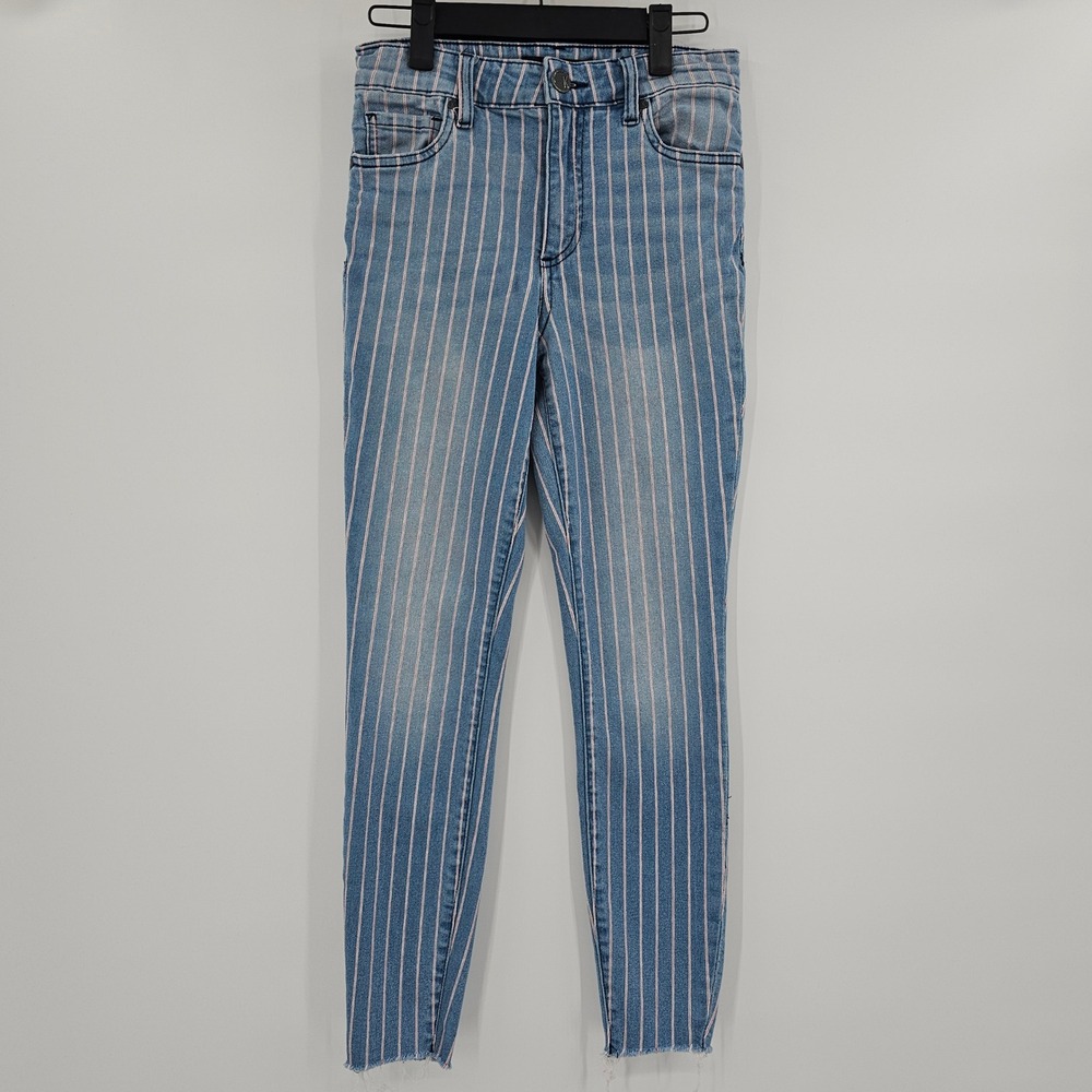 Kut‎ from the Kloth Pinstripe Skinny Jeans Blue Pink White Raw Hem Size 0